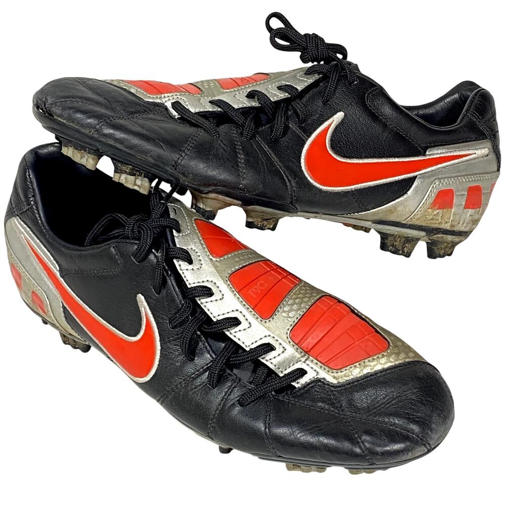 Nike Total 90 Laser III FG K Leather Black Challenge Red Metallic Silver Size 10